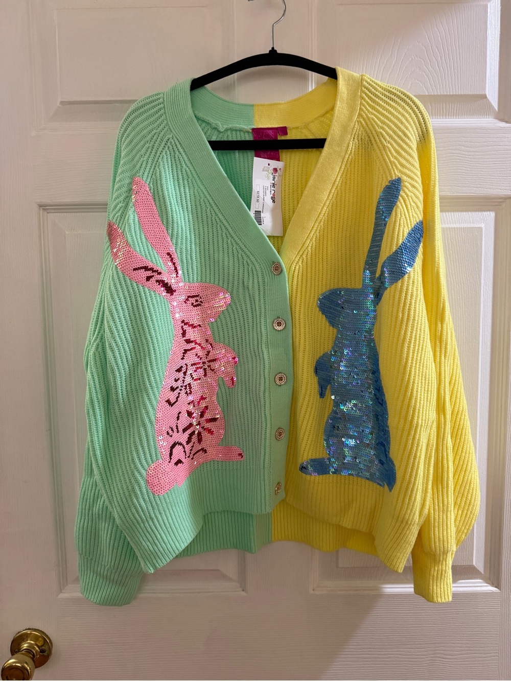 QUEEN OF SPARKLES Pastel Green & Yellow Sequin Bunny Cardigan